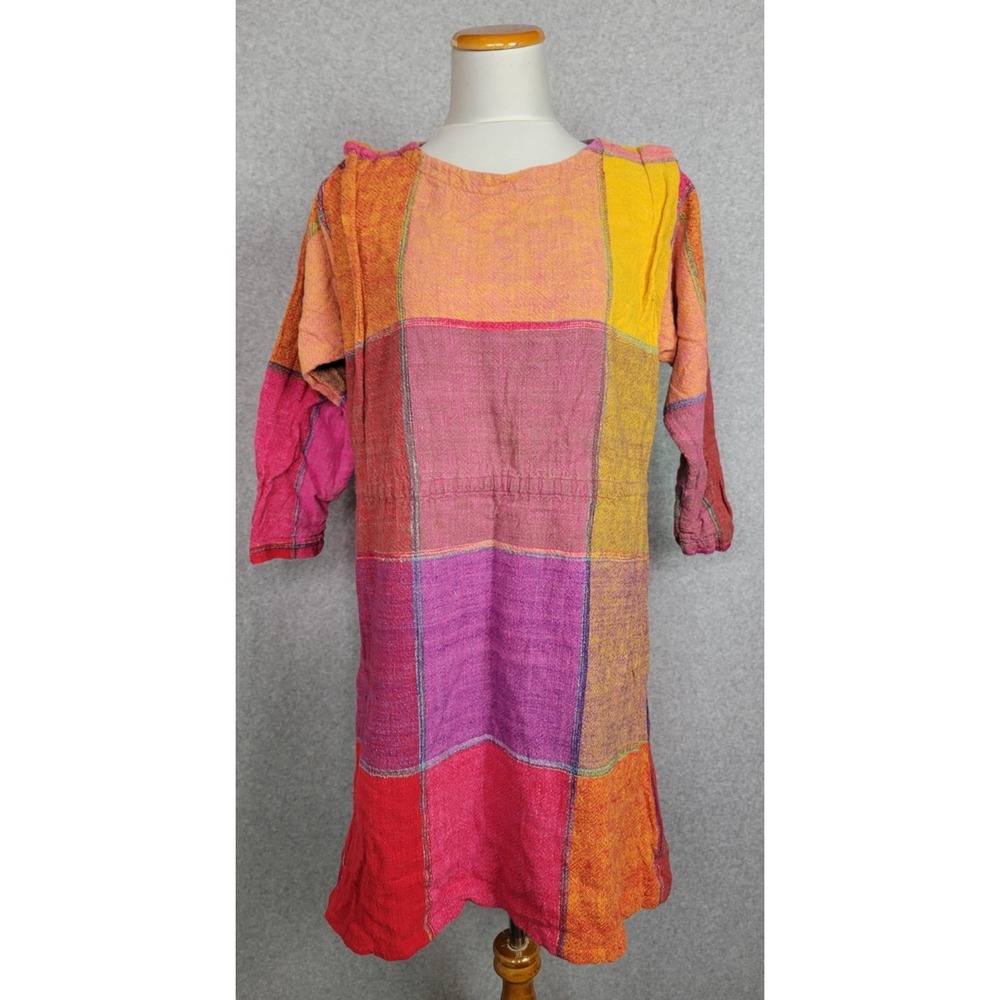 Vintage‎ Adini Bright Plaid Color Block Cotton Shift  Dress Nepal Large